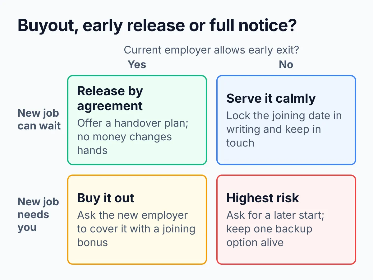 A 2 by 2 decision grid. If your current employer allows early exit and the new job can wait: release by agreement, with a handover plan and no money. If early exit is not allowed and the new job can wait: serve it calmly, lock the joining date in writing and keep in touch. If early exit is allowed and the new job needs you: buy it out and ask the new employer to cover it with a joining bonus. If early exit is not allowed and the new job needs you: highest risk; ask for a later start and keep one backup option alive